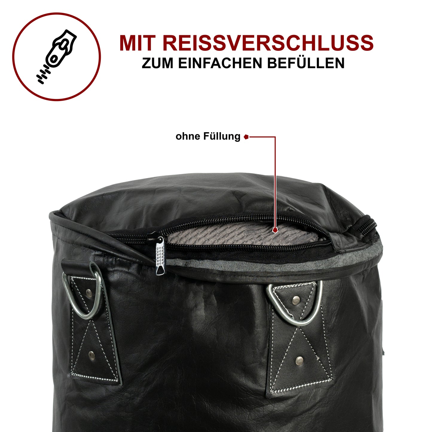 Boxsack aus Rindsleder – ungefüllt mit Stahlkette + Drehwirbel